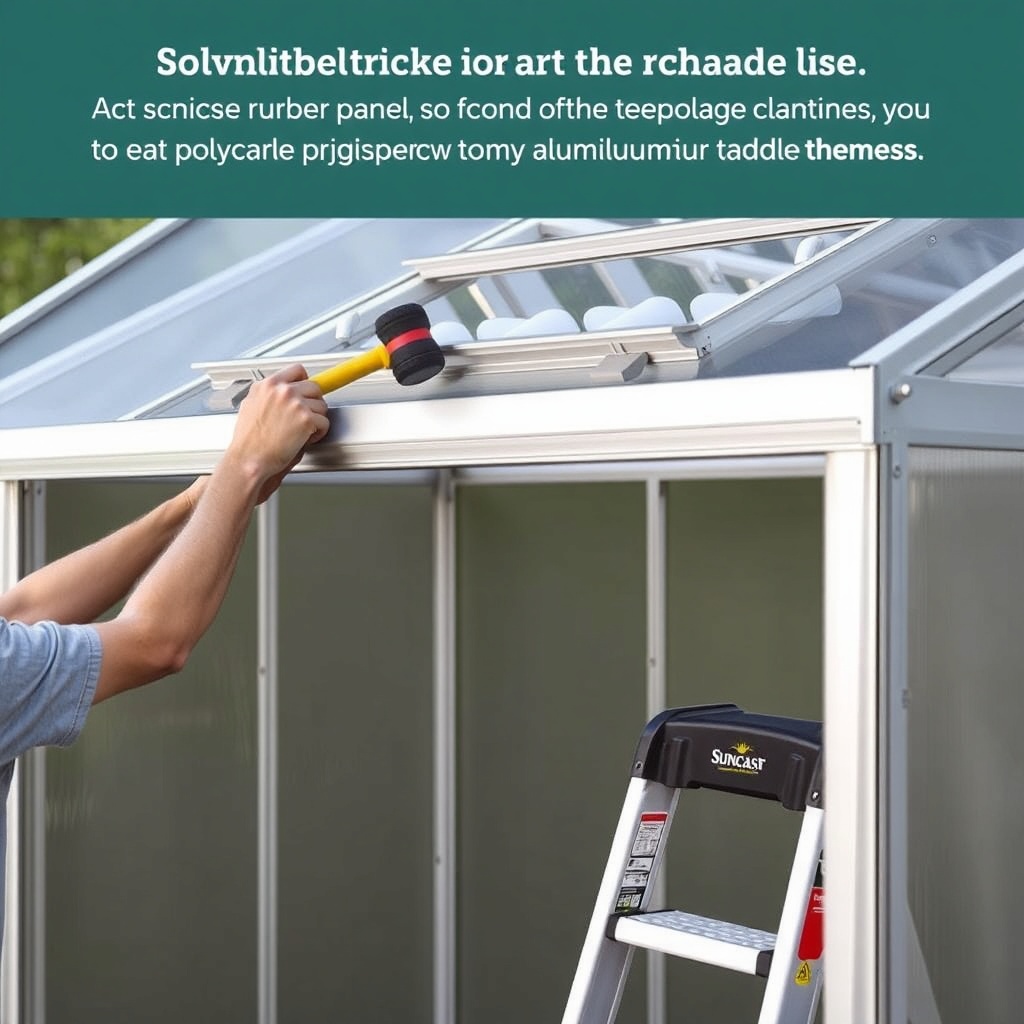 A clean photorealistic photo of the Suncast 8x6 Tremont greenhouse with one roof panel par