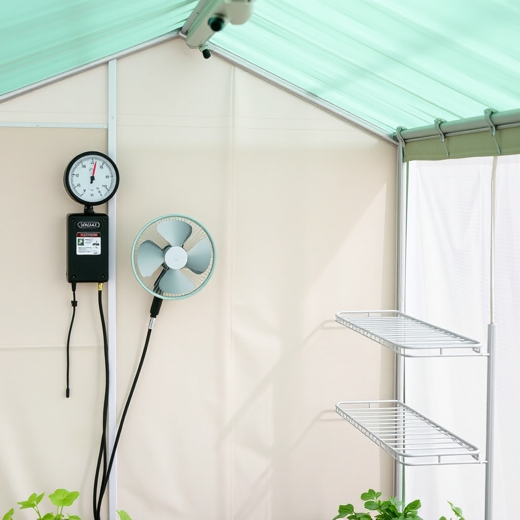 A clean photorealistic photo of the interior of the Suncast 8x6 Tremont greenhouse