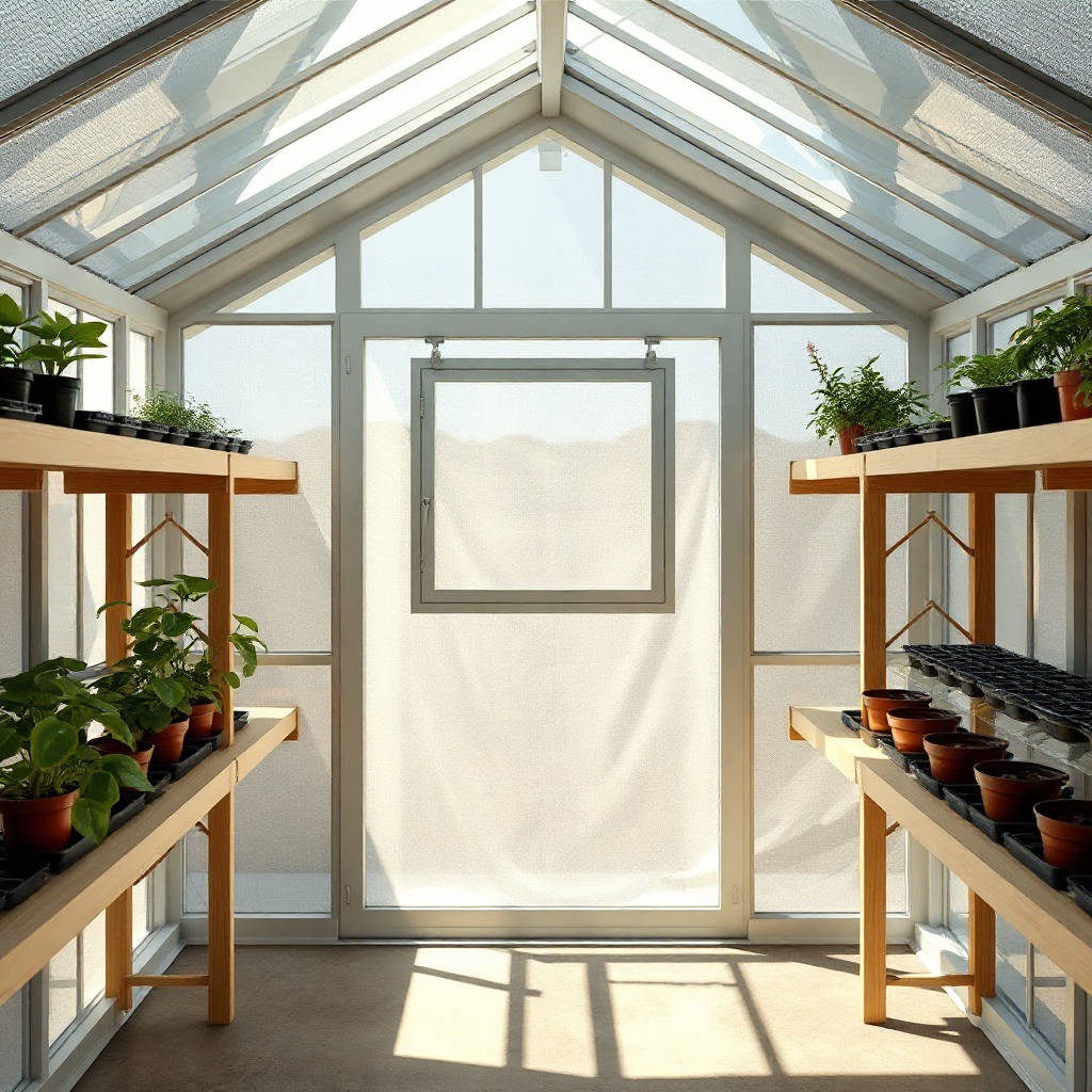 A clean photorealistic photo of a Suncast 8x6 Tremont greenhouse interior with custom wood