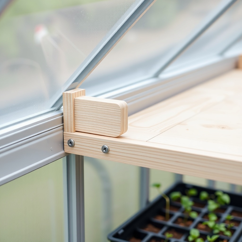 A clean photorealistic photo showing a close-up of a wooden shelf bracket clamped to the g