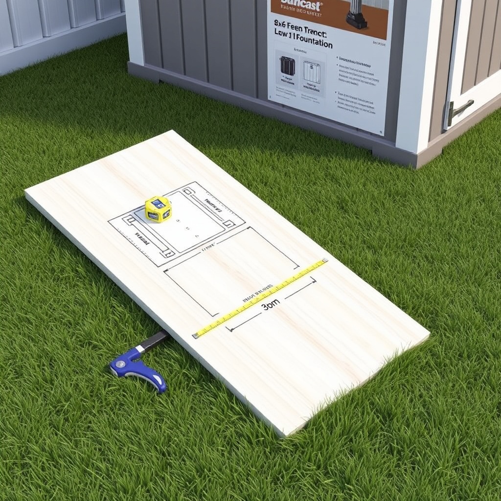 Photorealistic photo of a level board placed on a grassy slope next to a Suncast 8x6 Tremo