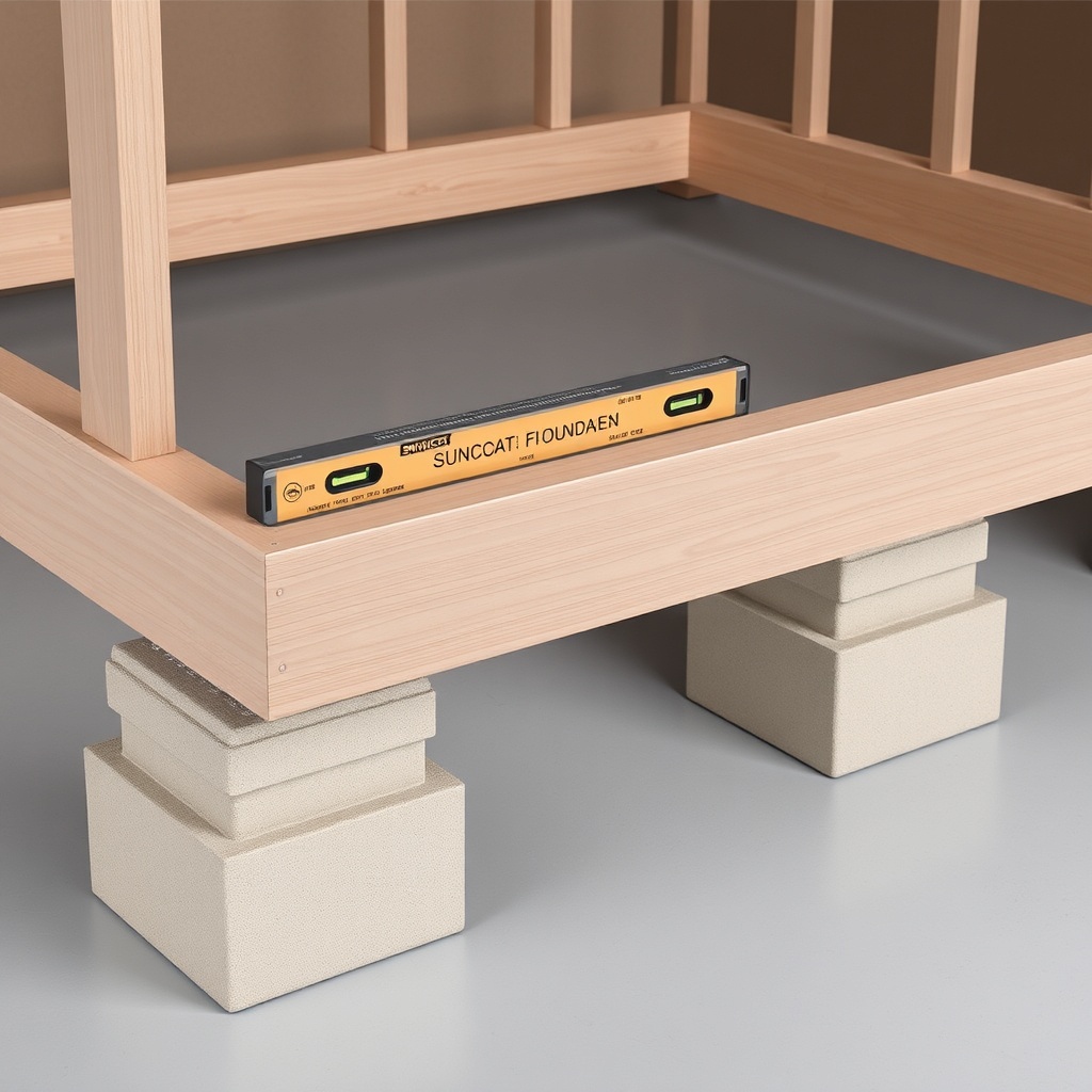 Photorealistic photo of a Suncast 8x6 Tremont frame being assembled on leveled foundation