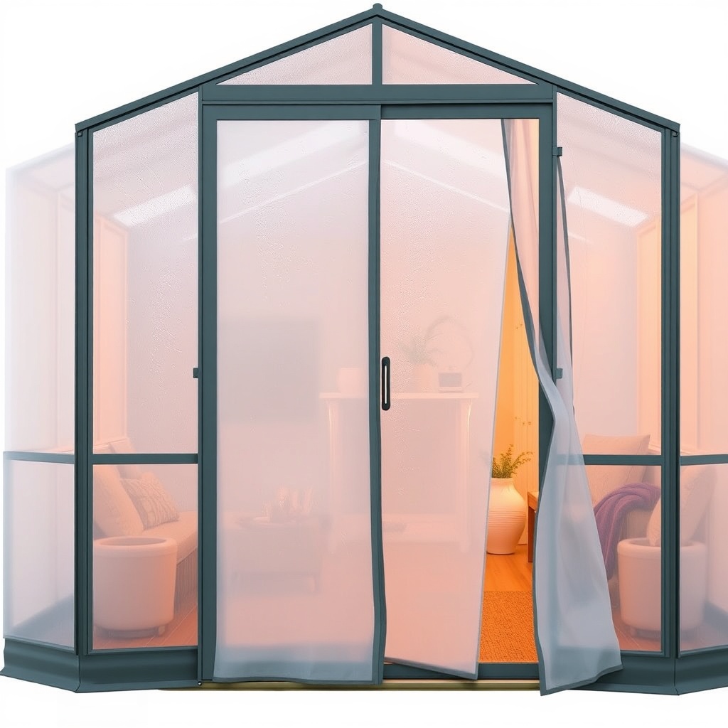 A photorealistic photo of the Suncast 8x6 Tremont greenhouse with thermal curtains partial