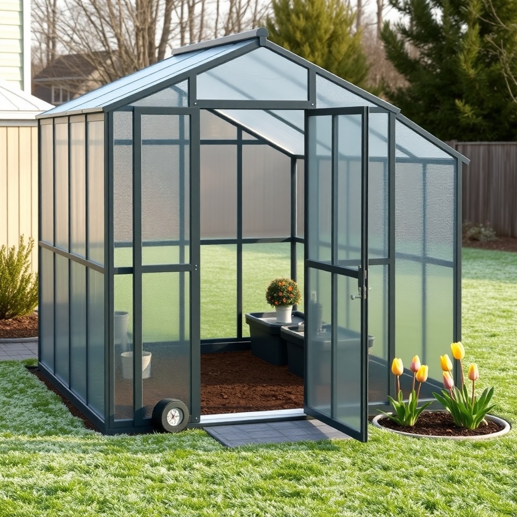 A clean photorealistic photo of a Suncast 8x6 Tremont greenhouse situated in a backyard wi