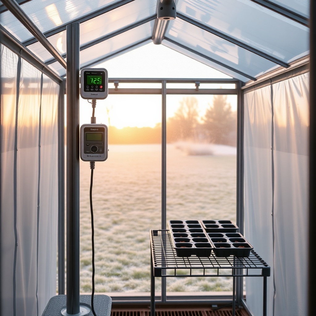A clean photorealistic photo showing the interior of a Suncast 8x6 Tremont greenhouse with