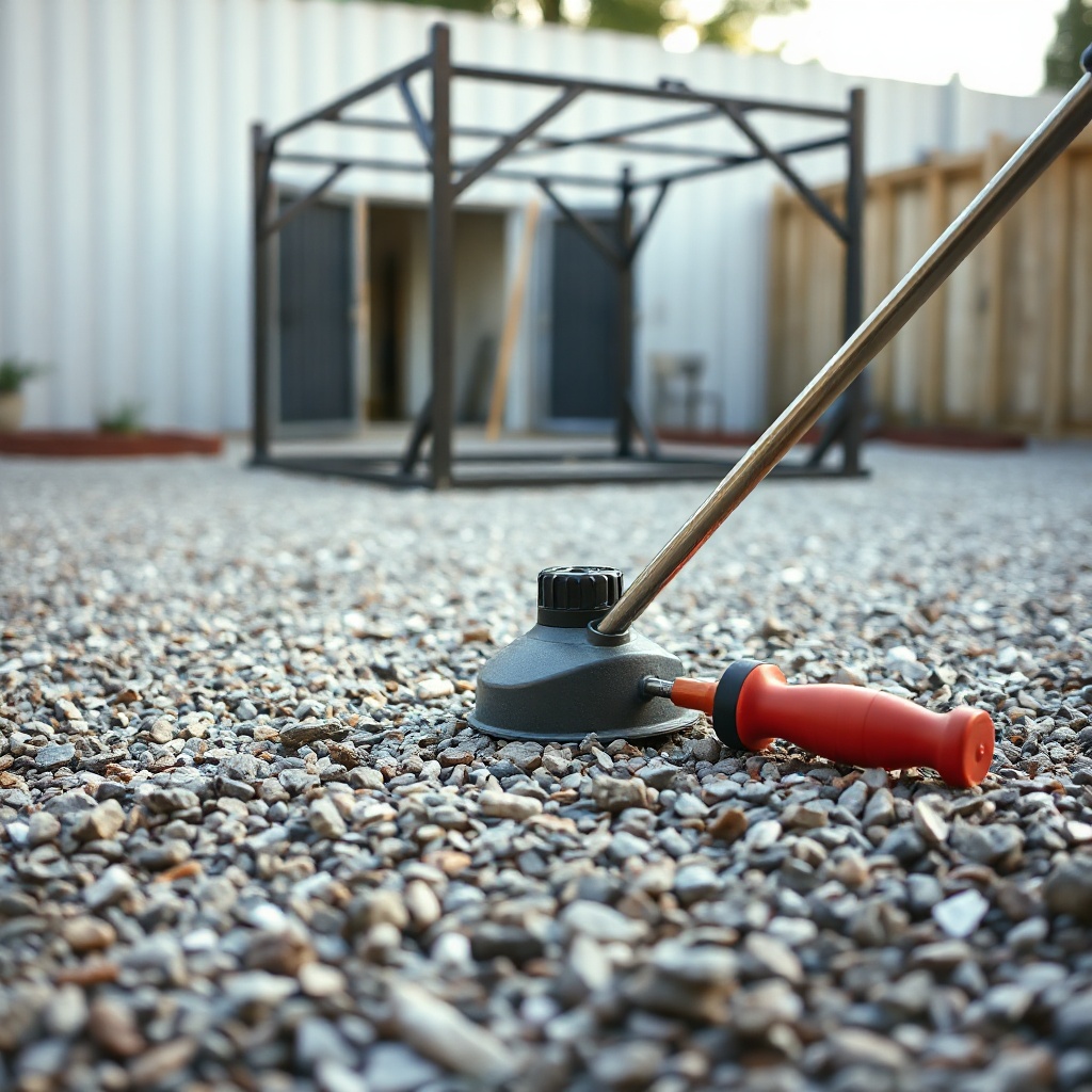 A clean photorealistic photo showing a compacted gravel base being leveled with a tamper t
