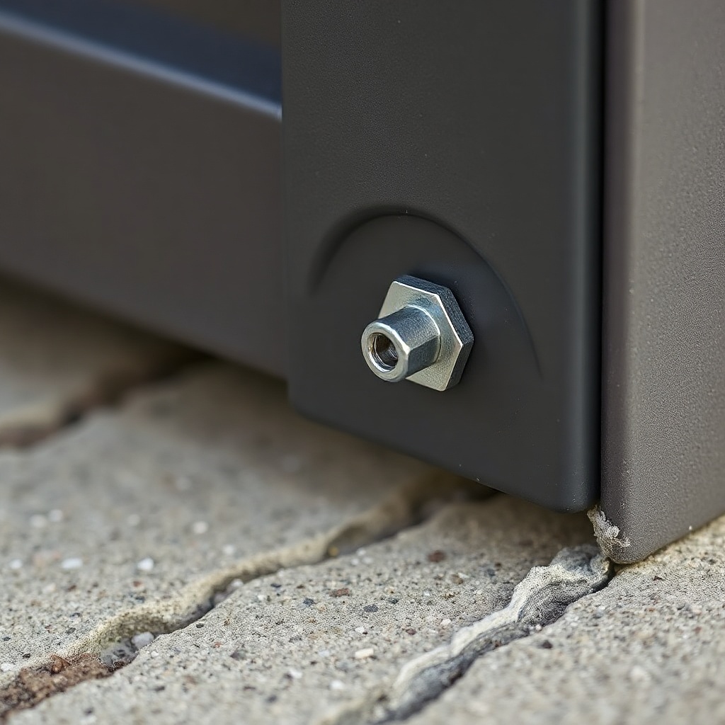 A photorealistic close-up of a Suncast 8x6 Tremont frame corner bolted to a concrete slab