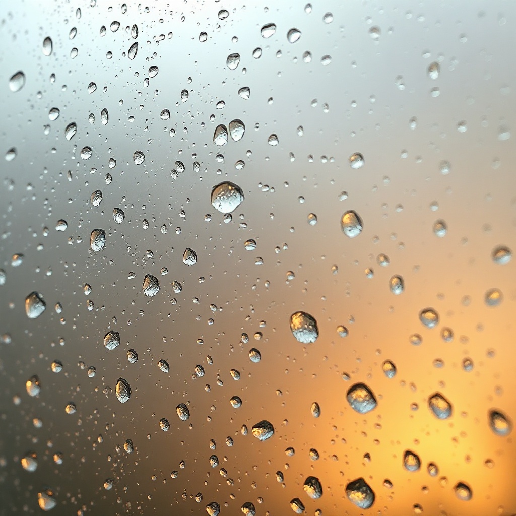 Photorealistic close-up of water droplets on polycarbonate panels with morning condensatio