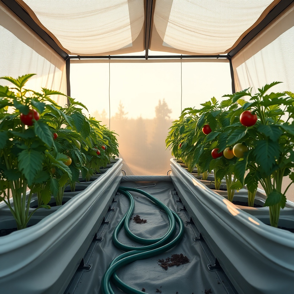 Wide-angle photorealistic view inside Suncast 8x6 Tremont showing lush tomato plants with