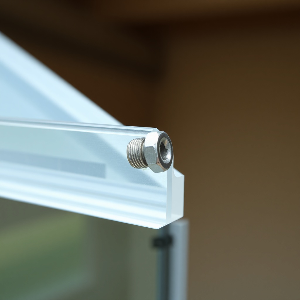 Close-up shot of a slightly loose screw and neoprene washer on a polycarbonate panel edge