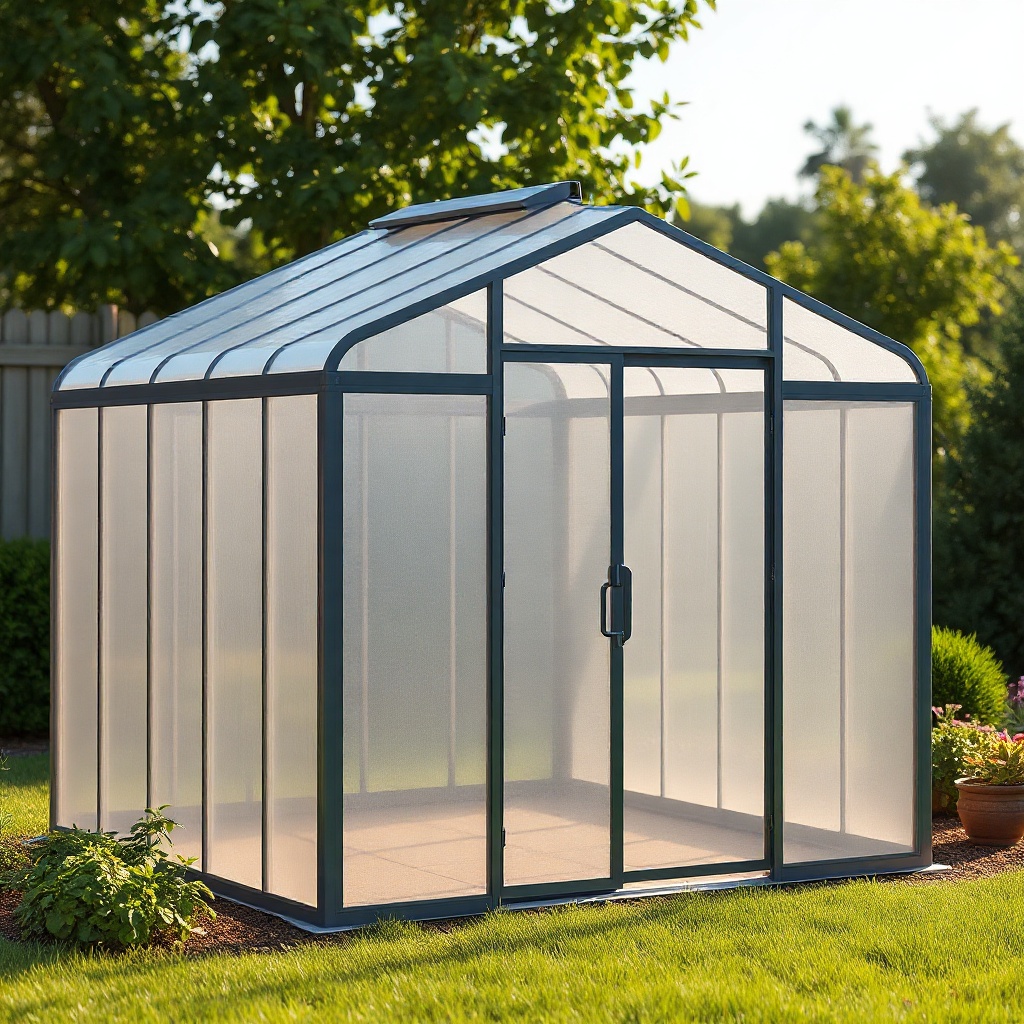 A photorealistic photo of the Suncast 8x6 Tremont greenhouse with twin-wall polycarbonate