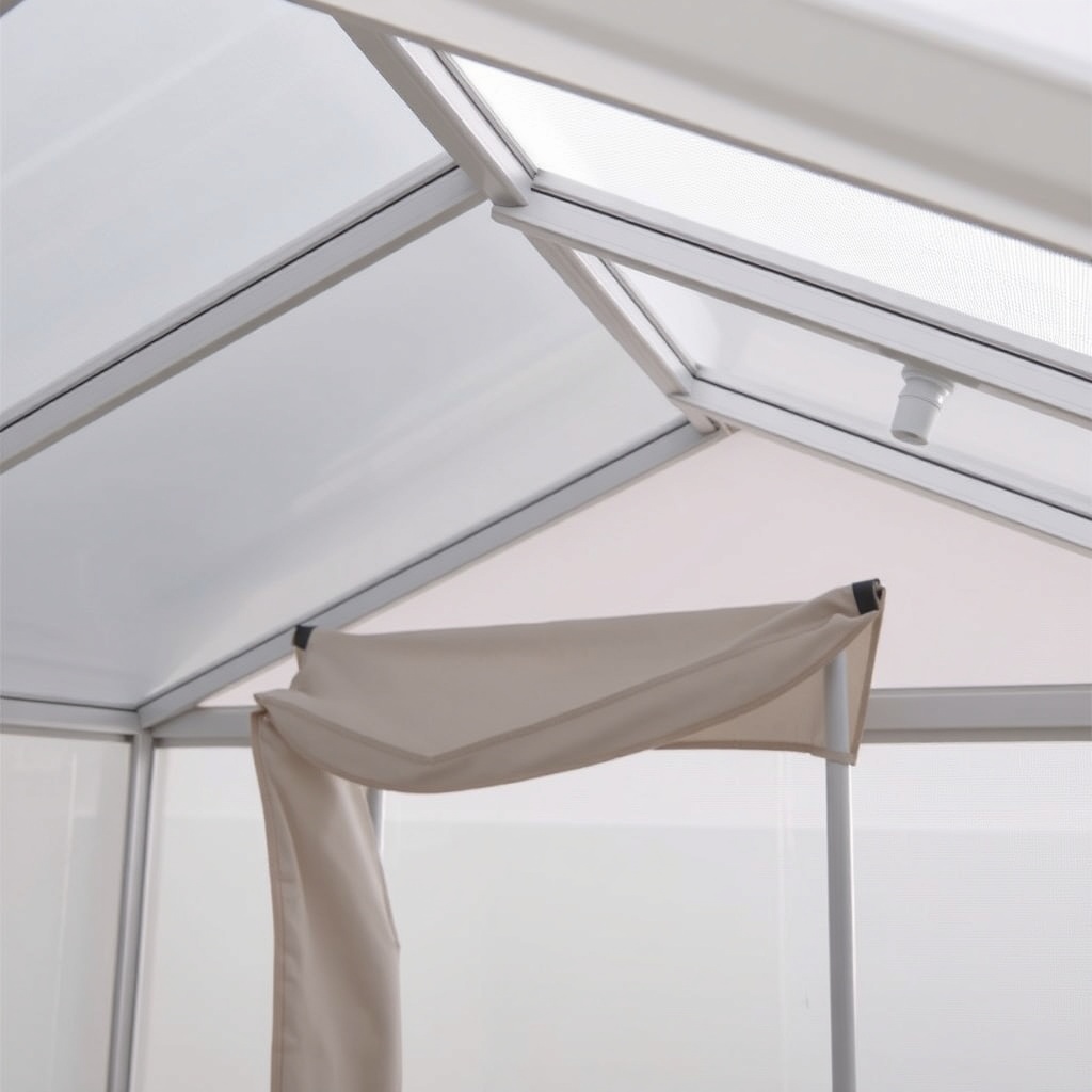 A photorealistic interior view of the Suncast 8x6 Tremont greenhouse showing twin-wall pol