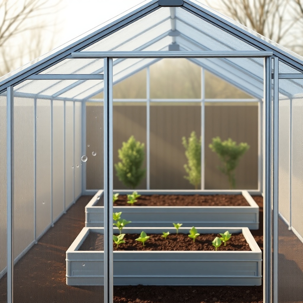 A photorealistic illustration of a Suncast 8x6 Tremont greenhouse in early spring