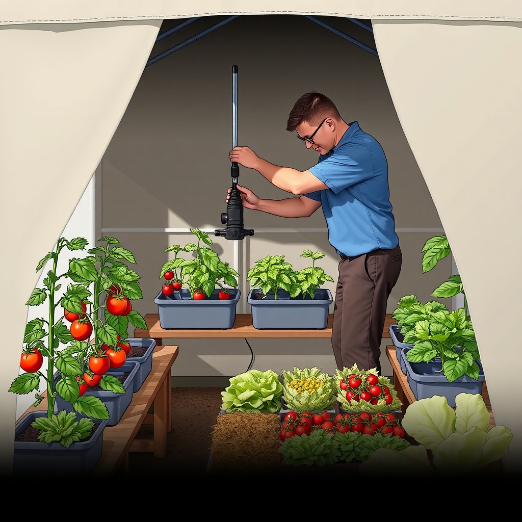 A photorealistic illustration showing a gardener adjusting a drip irrigation valve inside